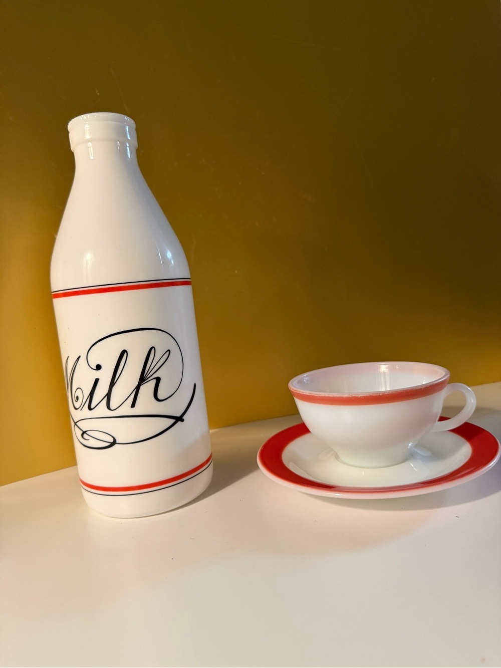 Vintage White Glass EGIZIA Milk Bottle with Red Trim, 1960’s